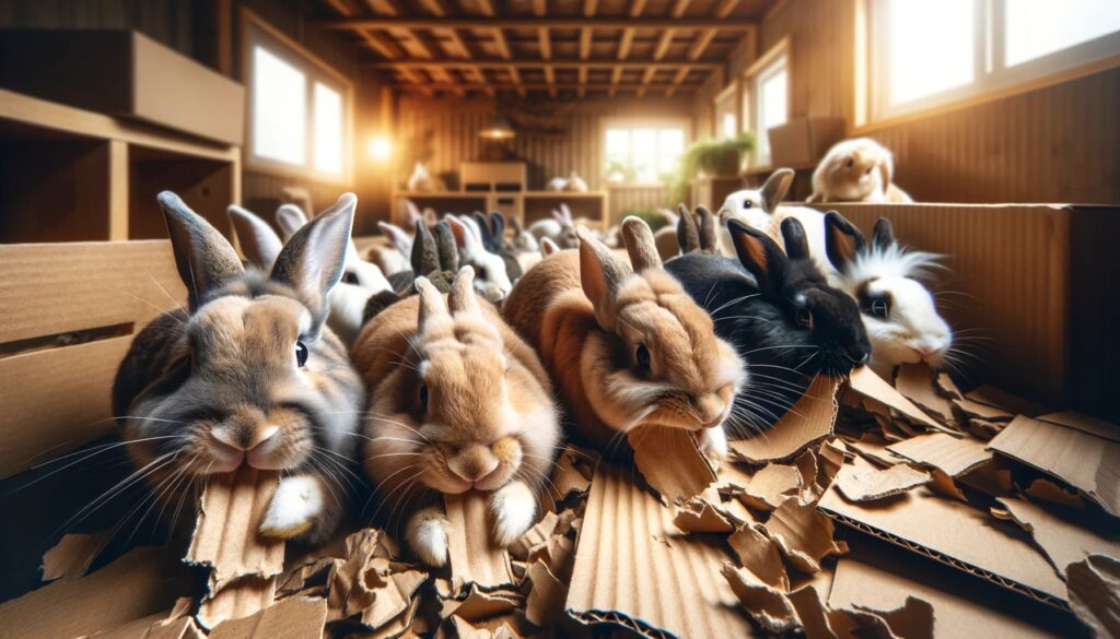 Muchos conejos comiendo cartón